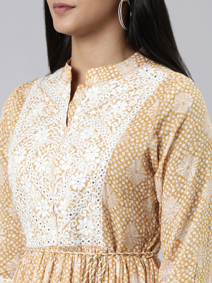 Neerus Mustard Straight Printed Cotton Kurtas
