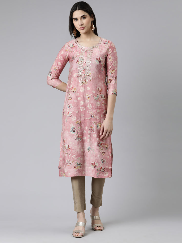 Neerus Pink Straight Printed Cotton Silk Kurtas