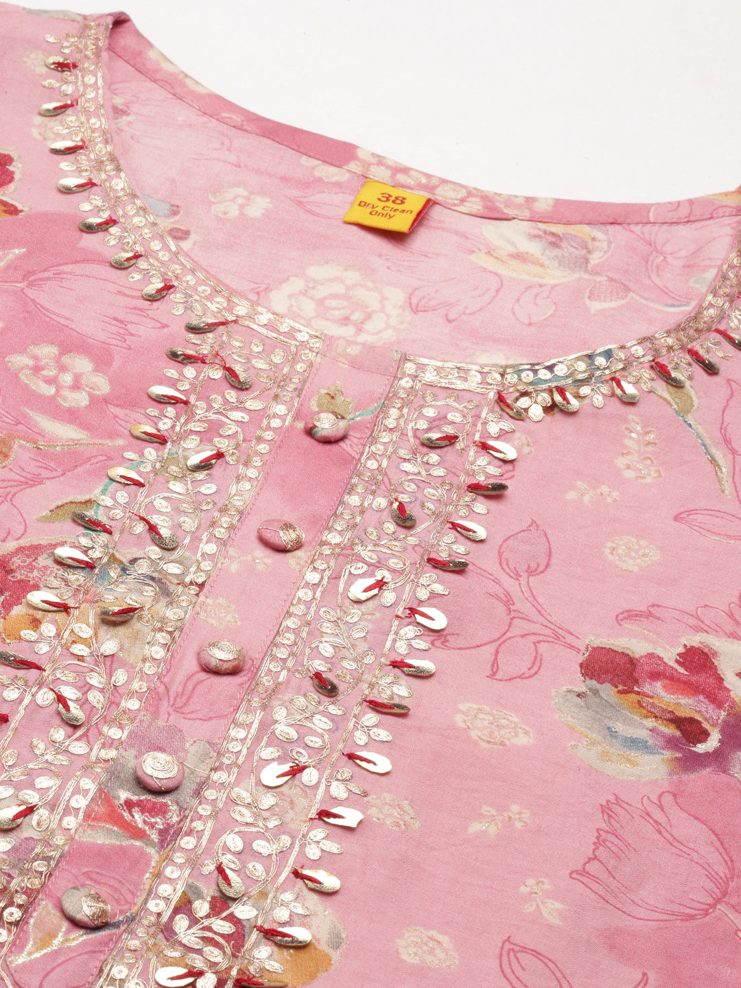 Neerus Pink Straight Printed Cotton Silk Kurtas