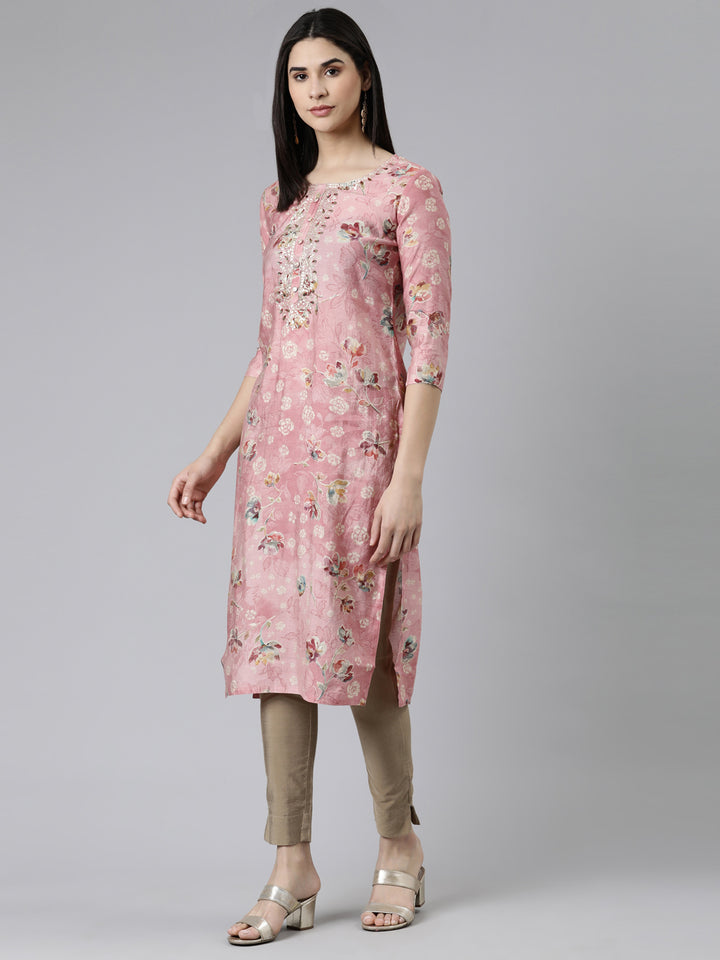 Neerus Pink Straight Printed Cotton Silk Kurtas