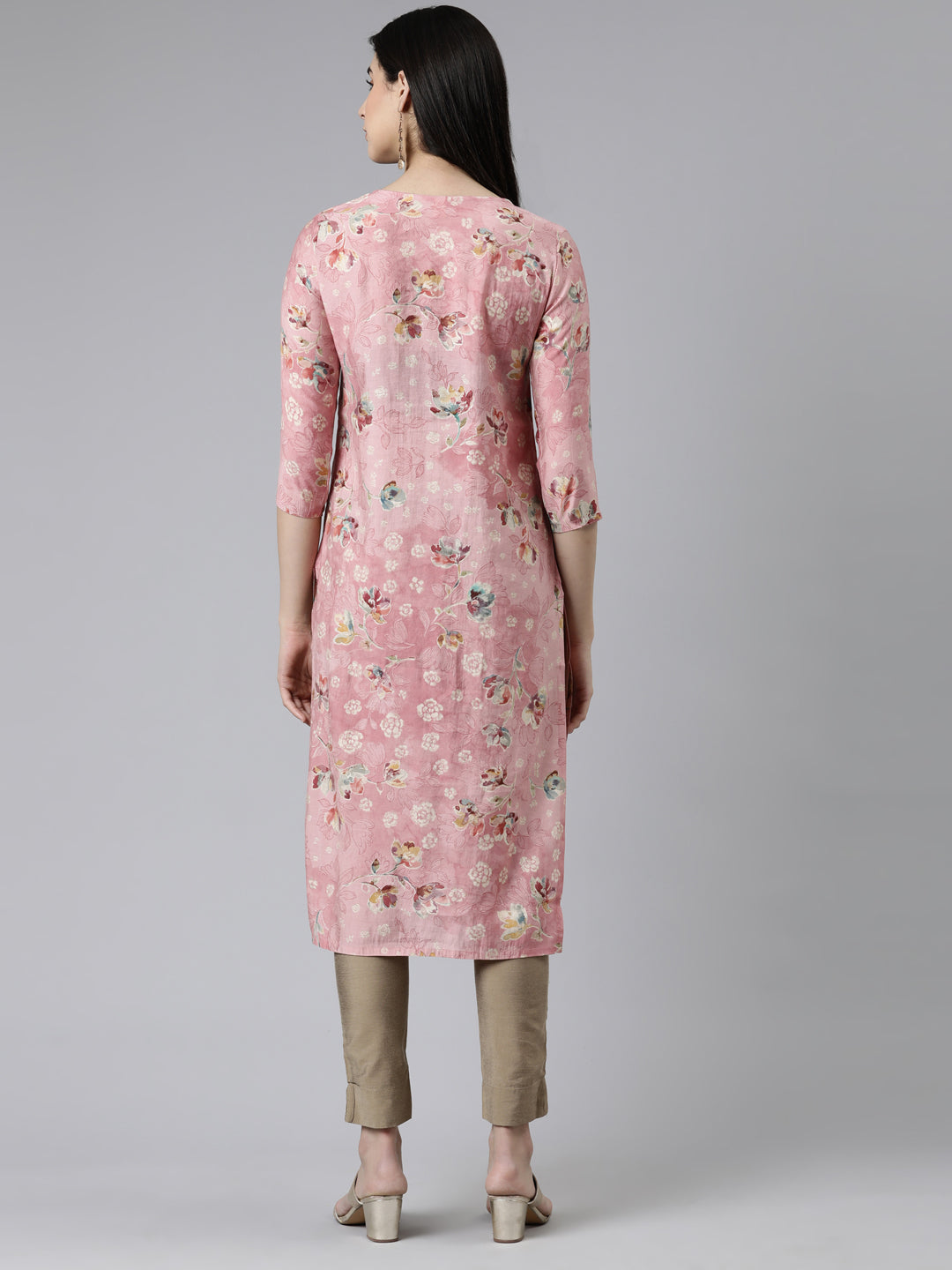 Neerus Pink Straight Printed Cotton Silk Kurtas