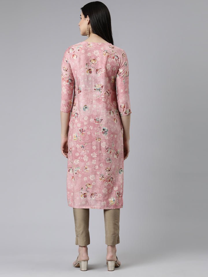 Neerus Pink Straight Printed Cotton Silk Kurtas