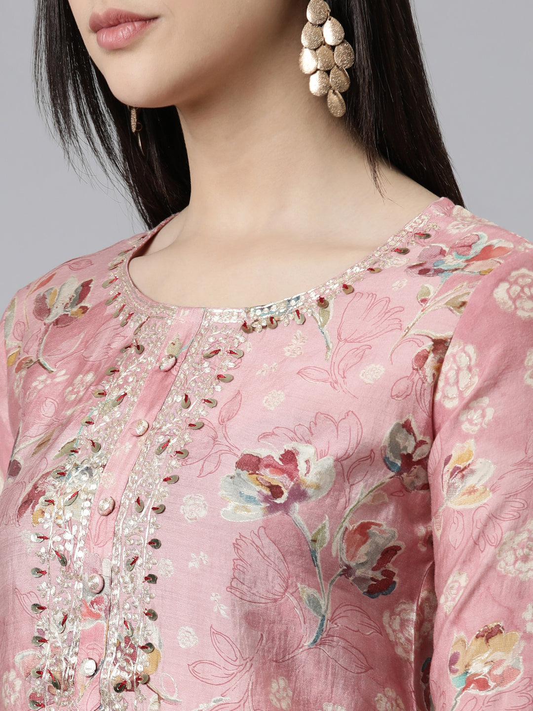 Neerus Pink Straight Printed Cotton Silk Kurtas