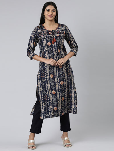 Neerus Navy Blue Regular Calf Length Printed Kurta Solid Trousers