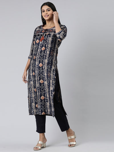 Neerus Navy Blue Regular Calf Length Printed Kurta Solid Trousers