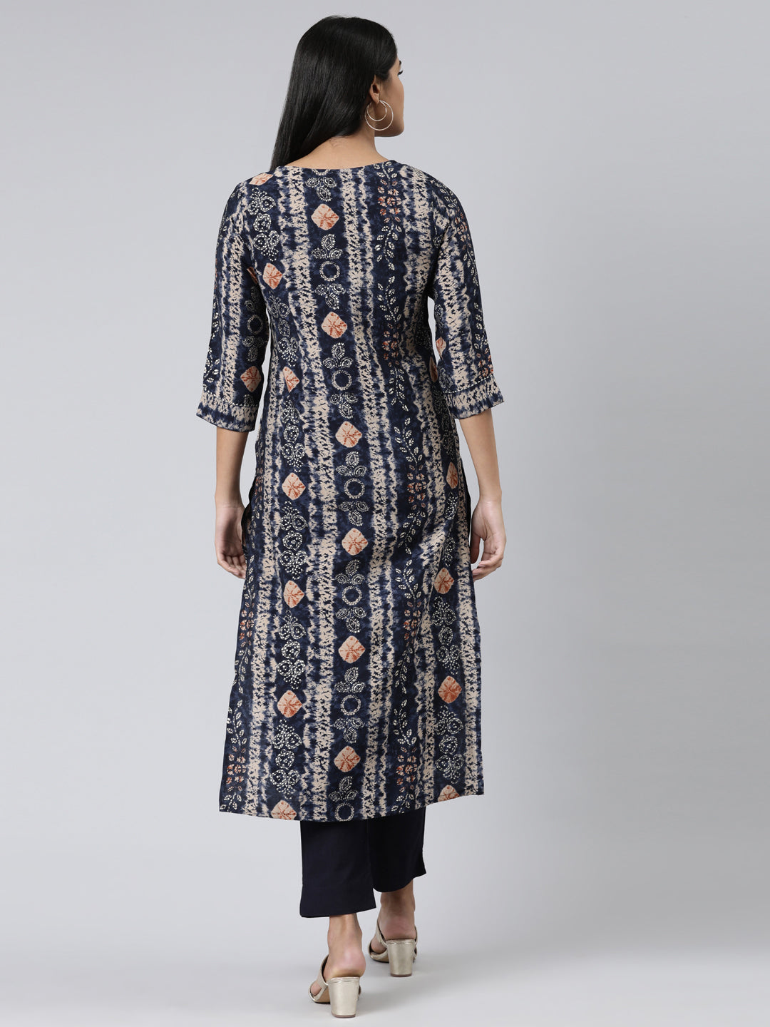 Neerus Navy Blue Regular Calf Length Printed Kurta Solid Trousers