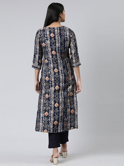 Neerus Navy Blue Regular Calf Length Printed Kurta Solid Trousers