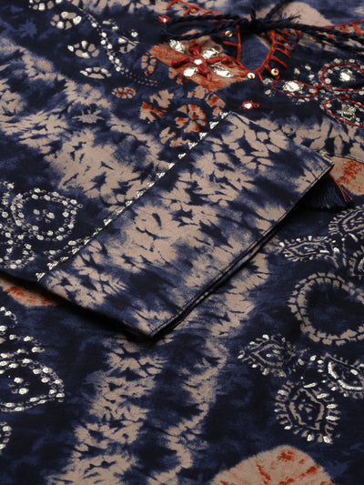Neerus Navy Blue Regular Calf Length Printed Kurta Solid Trousers