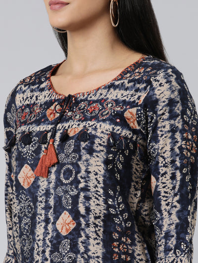 Neerus Navy Blue Regular Calf Length Printed Kurta Solid Trousers