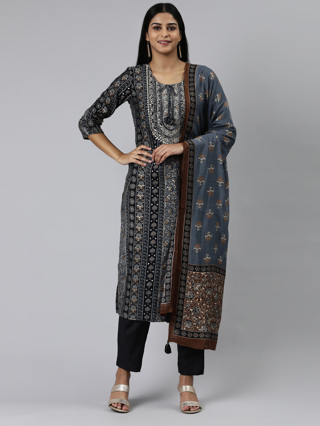 Neerus Navy Blue Regular Calf Length Printed Kurta Solid Trousers With Dupatta