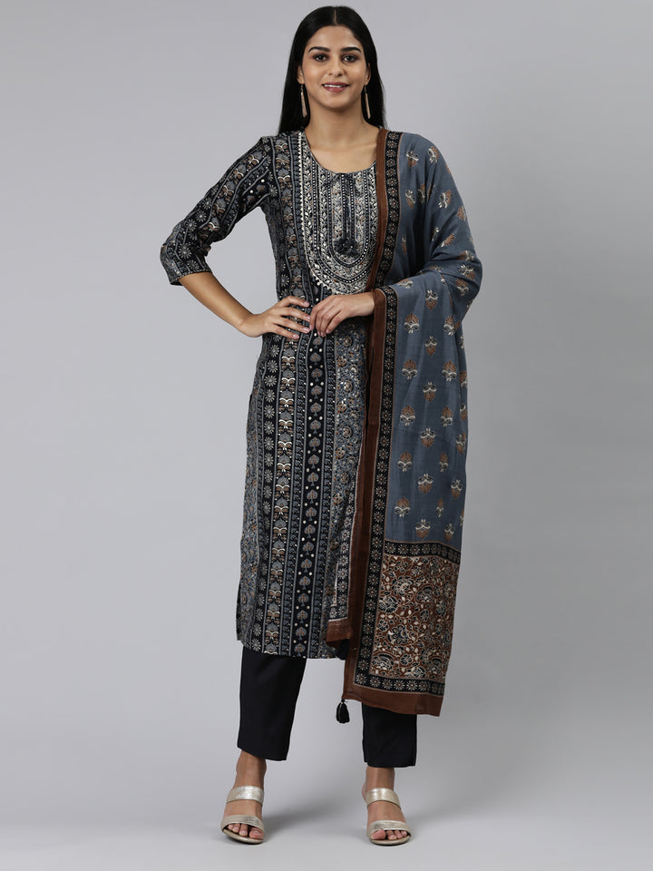Neerus Navy Blue Regular Calf Length Printed Kurta Solid Trousers With Dupatta