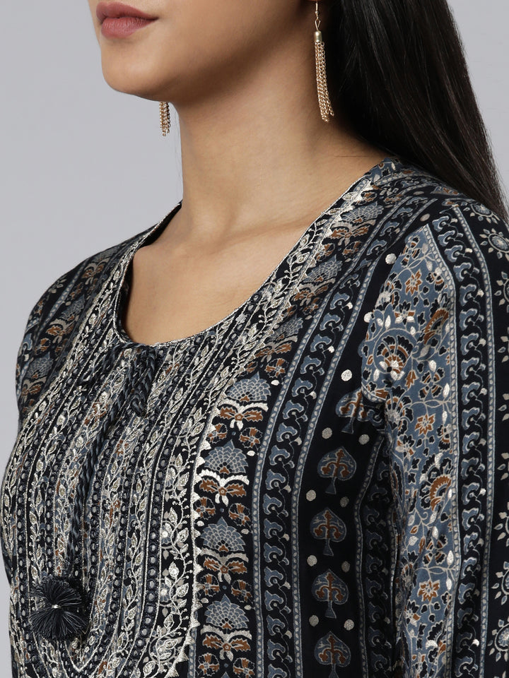 Neerus Navy Blue Regular Calf Length Printed Kurta Solid Trousers With Dupatta