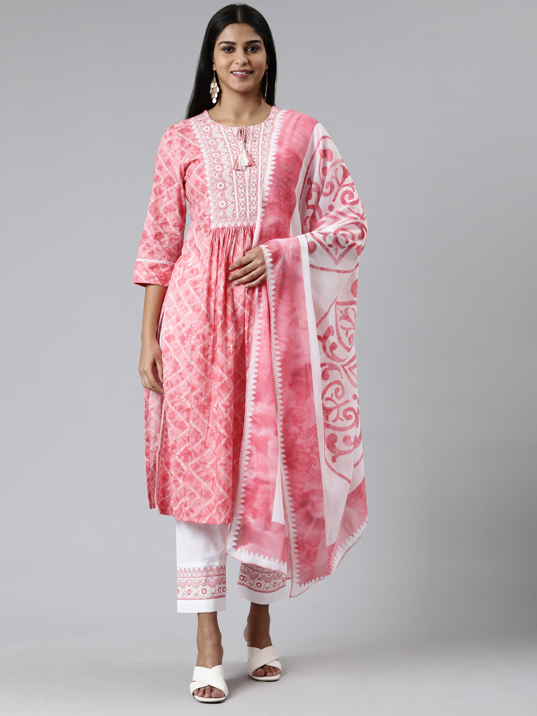 Neerus Pink Regular Calf Length Printed Kurta Solid Trousers With Dupatta