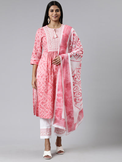 Neerus Pink Regular Calf Length Printed Kurta Solid Trousers With Dupatta