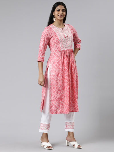 Neerus Pink Regular Calf Length Printed Kurta Solid Trousers With Dupatta