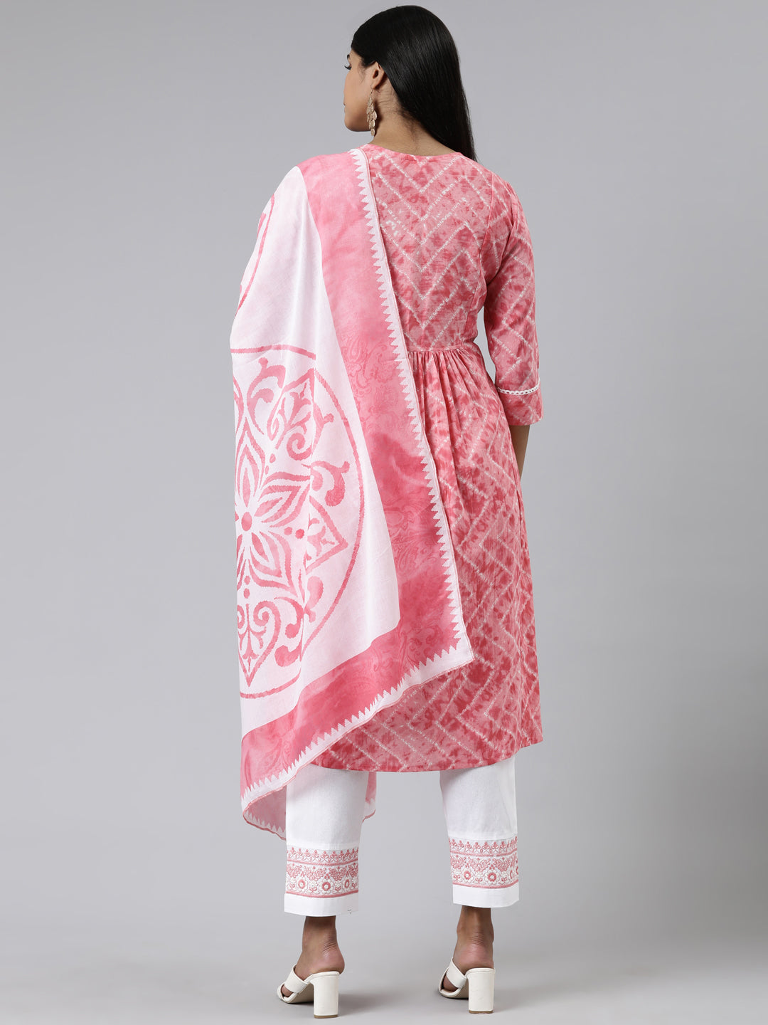 Neerus Pink Regular Calf Length Printed Kurta Solid Trousers With Dupatta