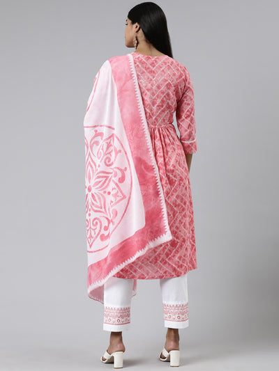 Neerus Pink Regular Calf Length Printed Kurta Solid Trousers With Dupatta