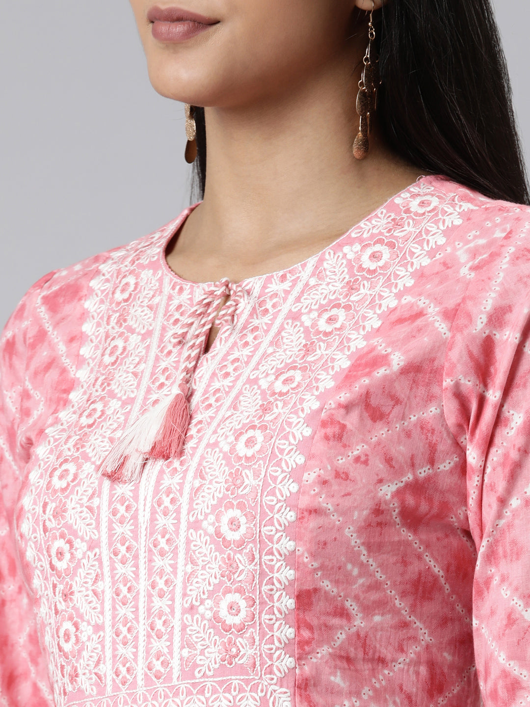 Neerus Pink Regular Calf Length Printed Kurta Solid Trousers With Dupatta