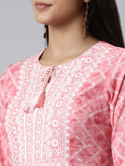 Neerus Pink Regular Calf Length Printed Kurta Solid Trousers With Dupatta