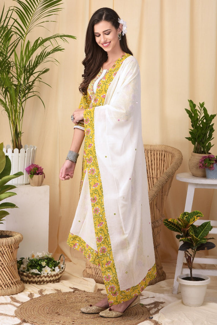 Neerus Yellow cotton kurta set with dupatta - front view