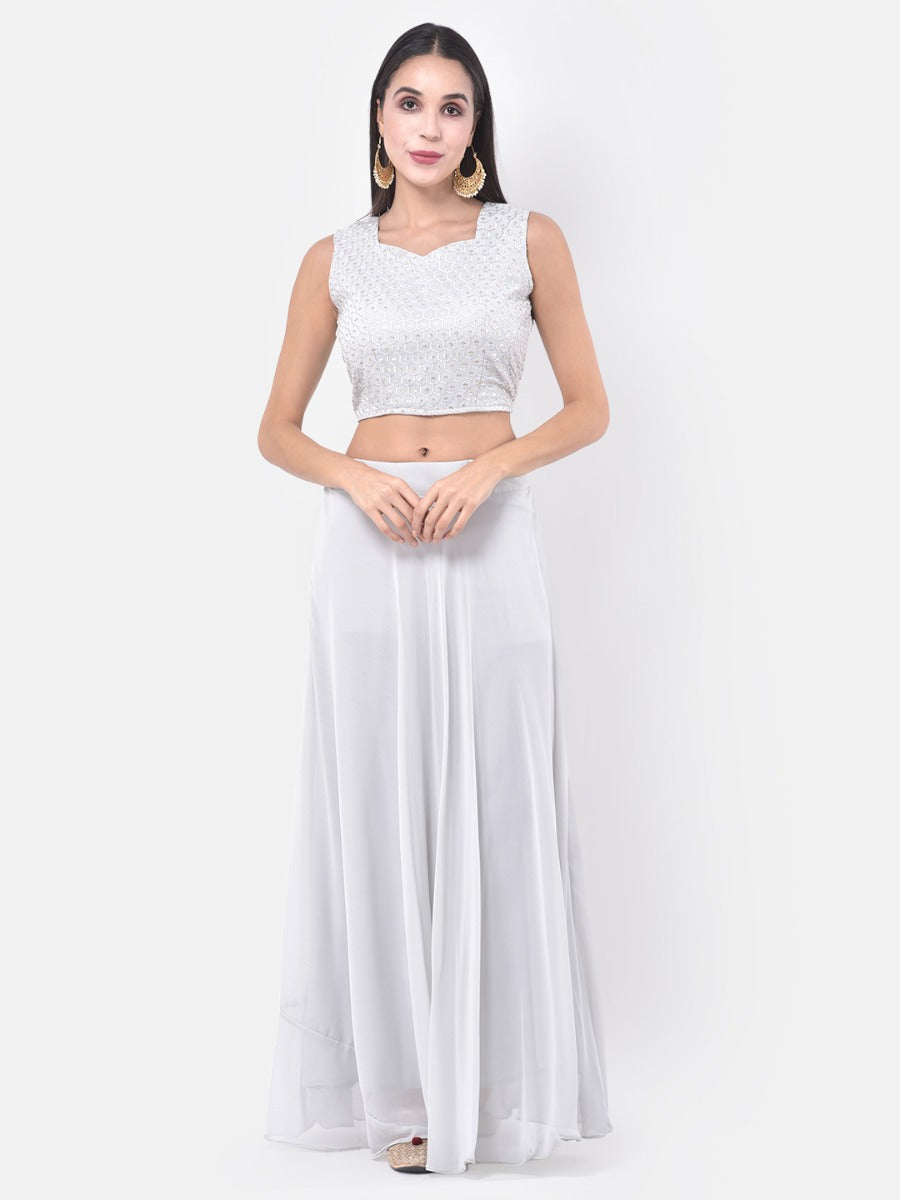 Neerus White & Grey Embroidered Top & Skirt Set With Shrug