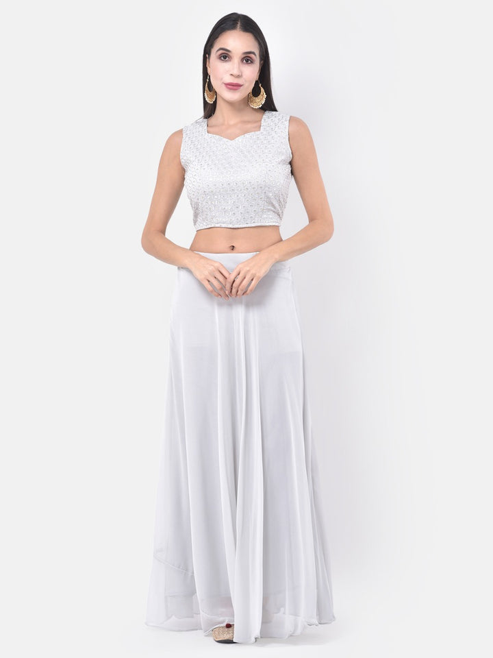 Neerus White & Grey Embroidered Top & Skirt Set With Shrug