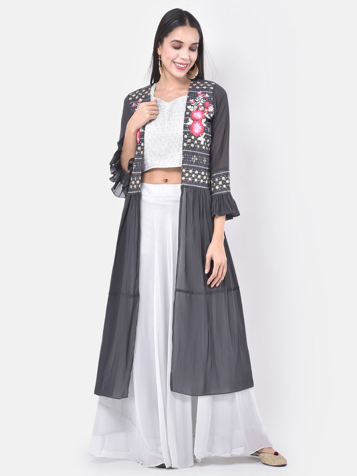 Neerus White & Grey Embroidered Top & Skirt Set With Shrug