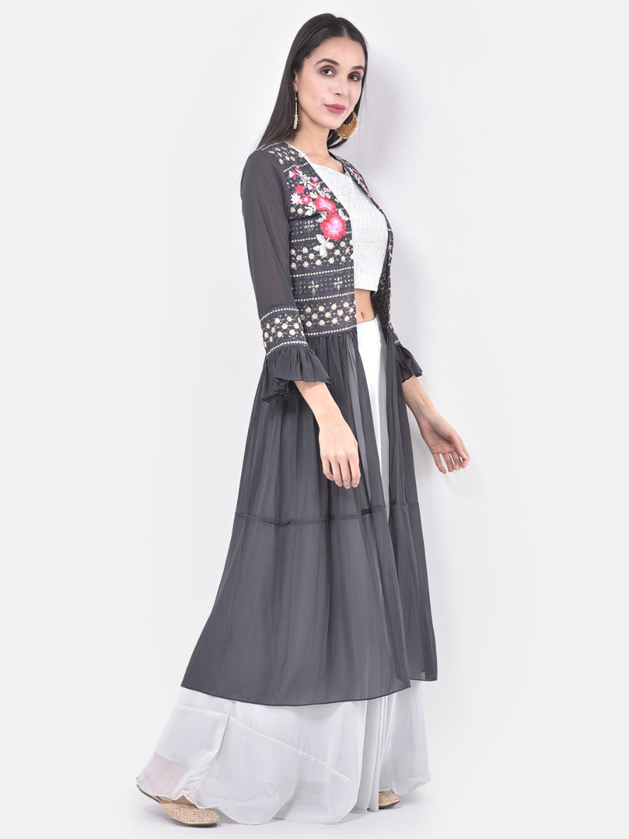 Neerus White & Grey Embroidered Top & Skirt Set With Shrug