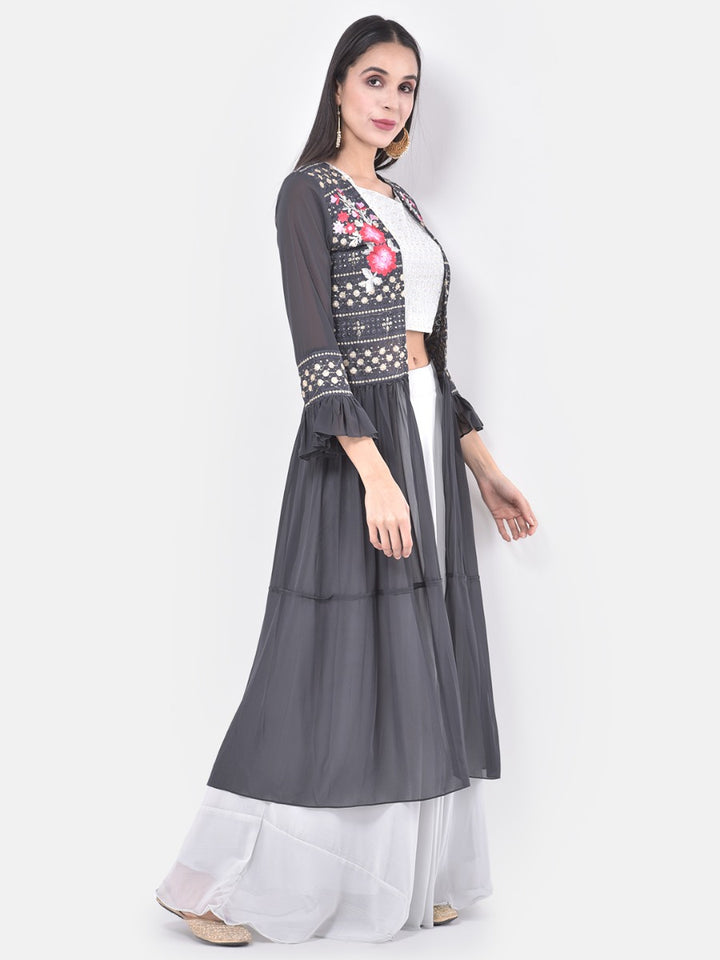 Neerus White & Grey Embroidered Top & Skirt Set With Shrug