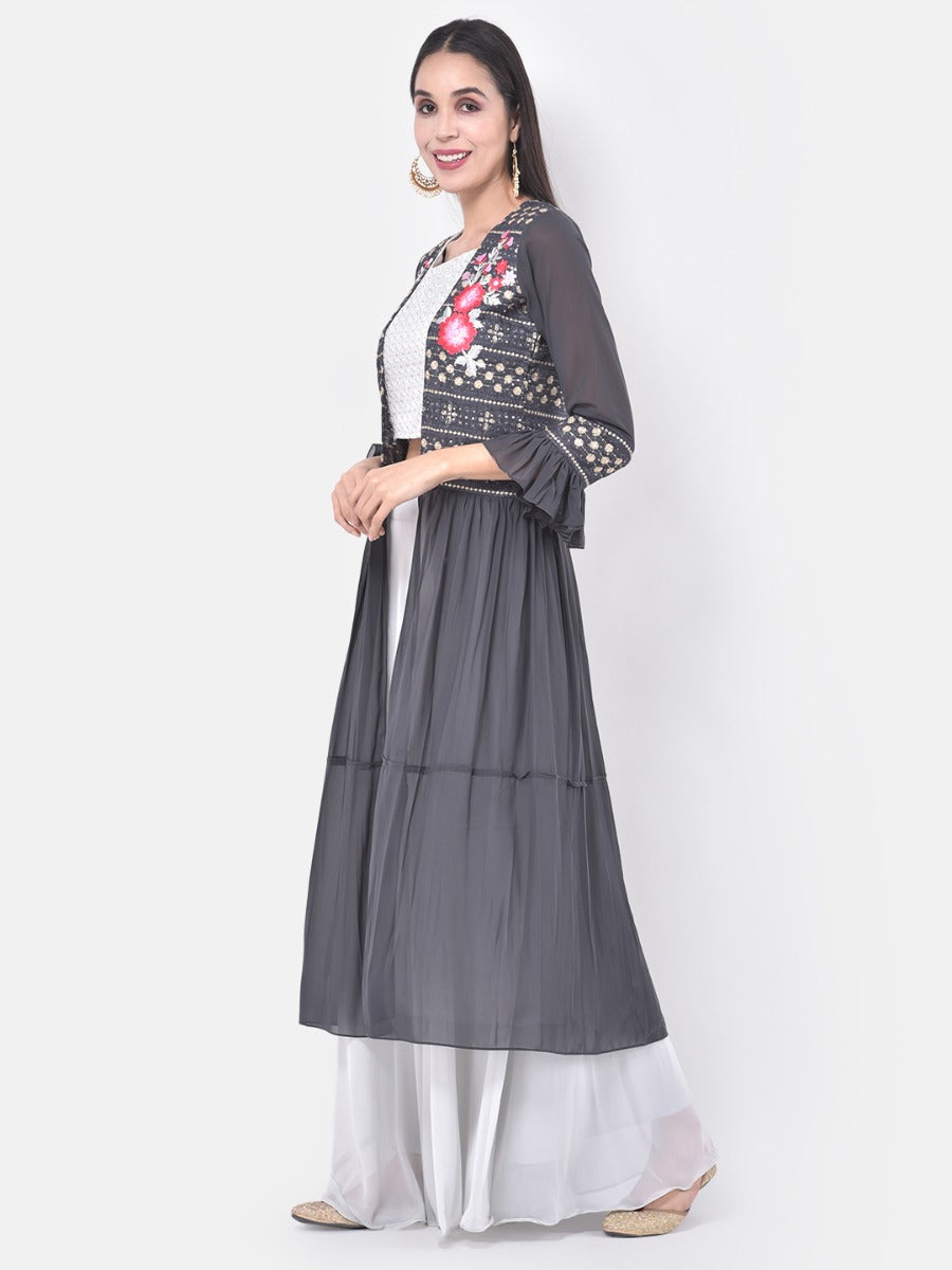 Neerus White & Grey Embroidered Top & Skirt Set With Shrug