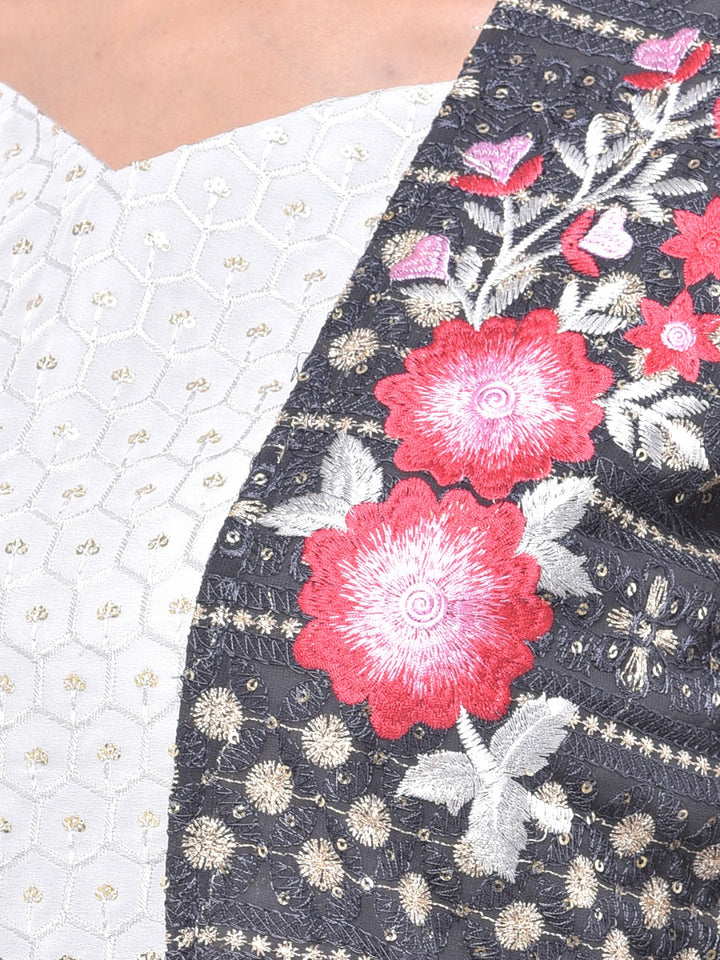 Neerus White & Grey Embroidered Top & Skirt Set With Shrug