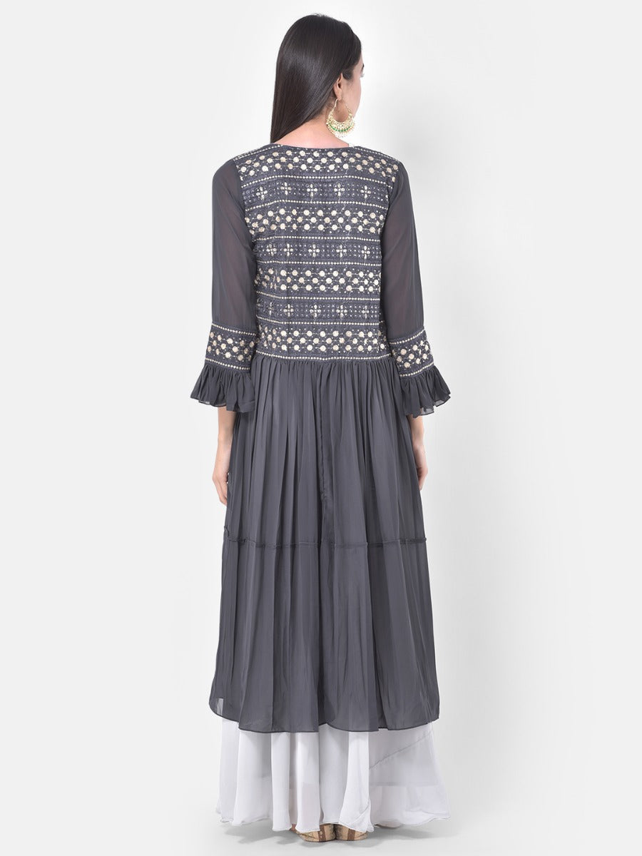 Neerus White & Grey Embroidered Top & Skirt Set With Shrug