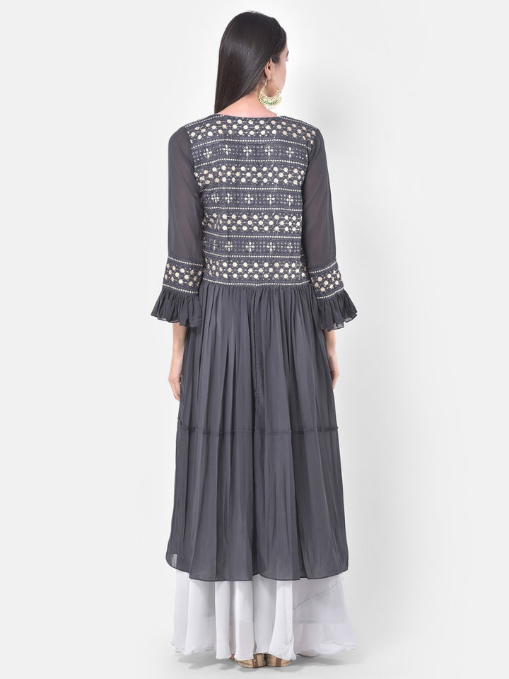 Neerus White & Grey Embroidered Top & Skirt Set With Shrug