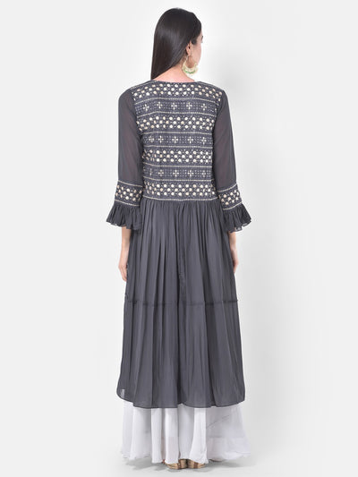 Neeru's White & Grey Embroidered Top & Skirt Set With Shrug