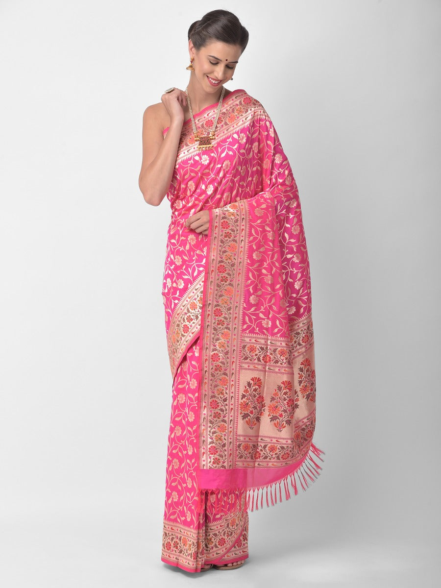 Neerus Pink silk woven saree - front view