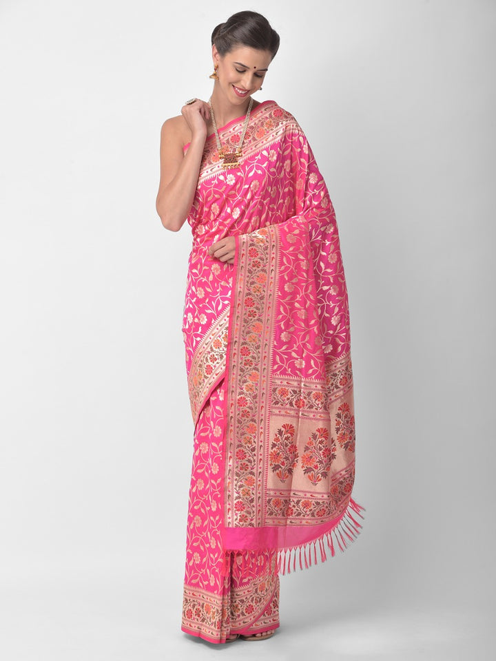 Neerus Pink silk woven saree - front view