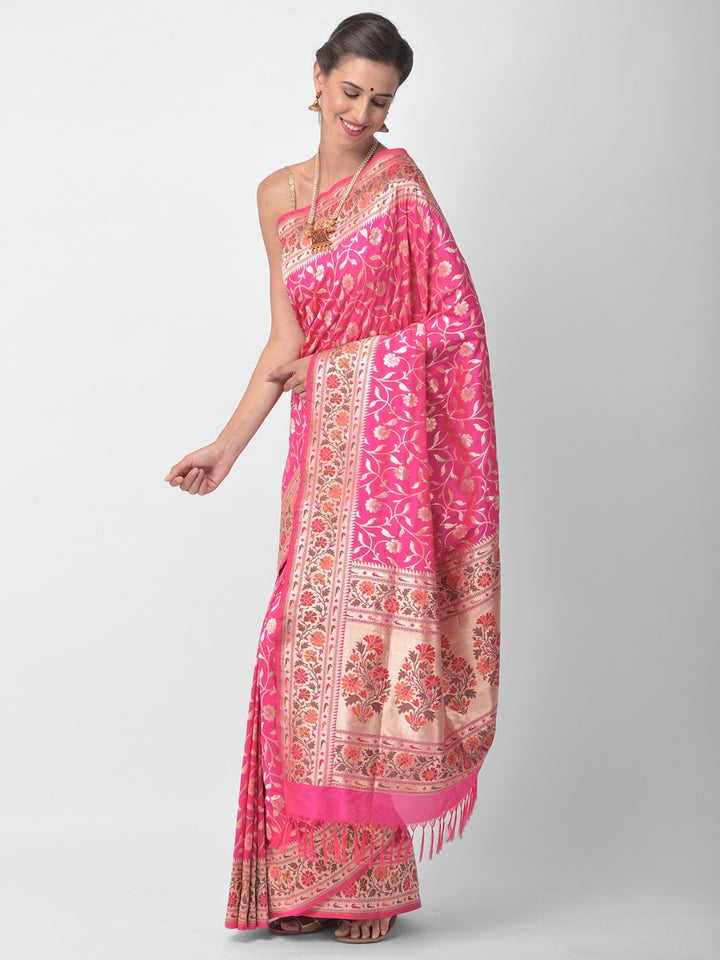Neerus Pink silk woven saree - back view