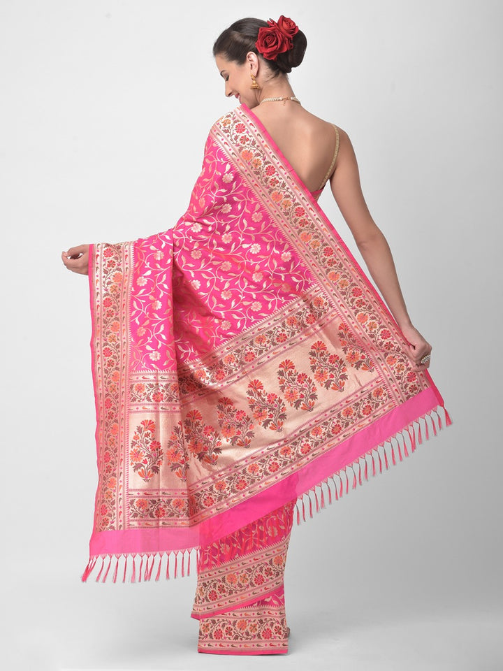 Neerus Pink silk woven saree - side view